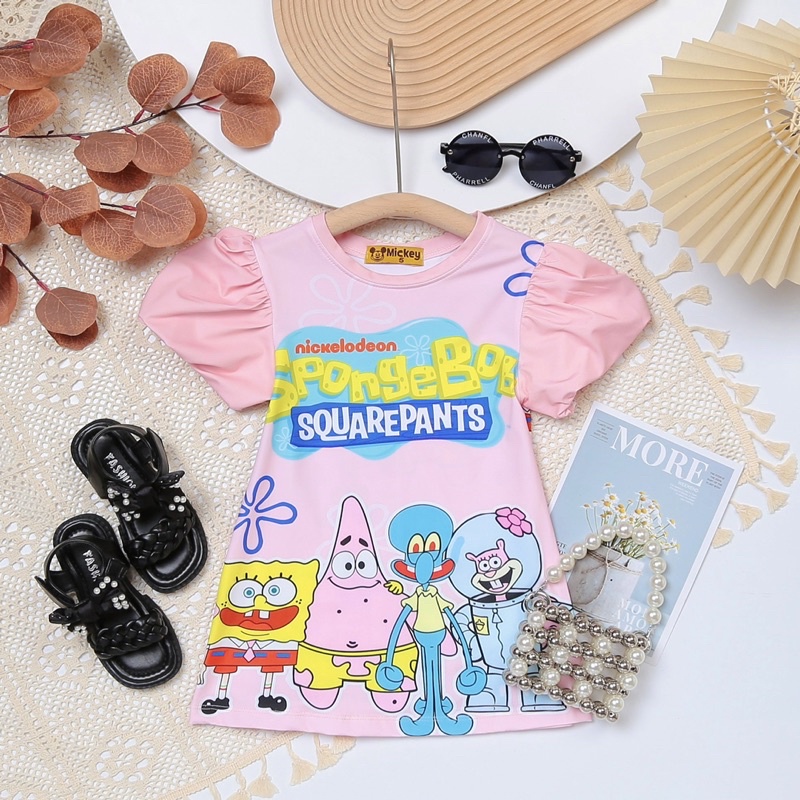 Váy đầm bé gái 3-5 tuổi tay phồng vải 3D thun lạnh in hình Snoopy, elsa Jennie kids J487