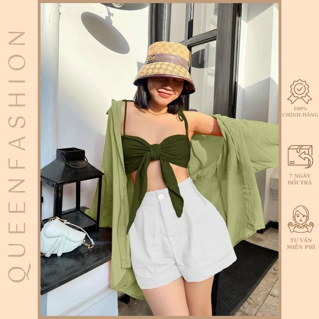 Set 3 món áo crop 2 dây kèm áo khoác cá tính, năng động, trẻ trung
