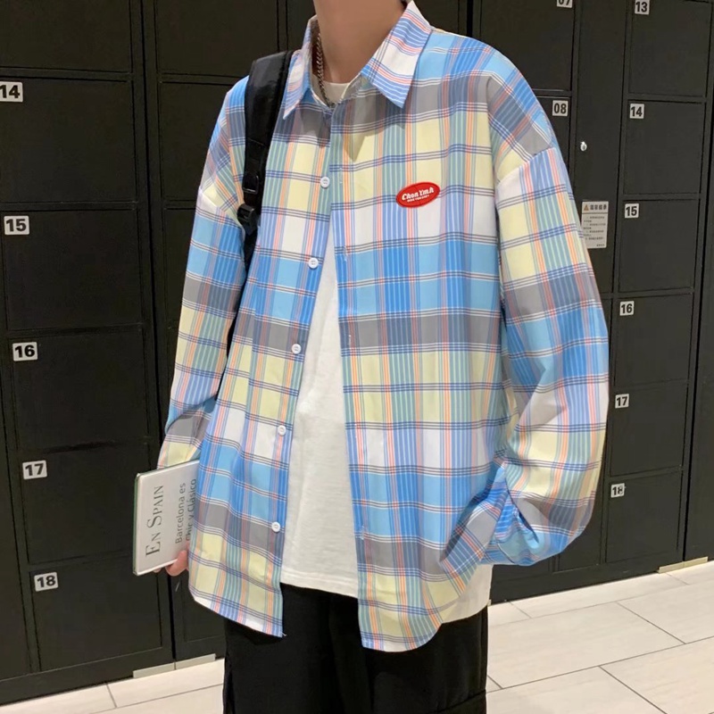 Áo khoác sơ mi caro tay dài phong cách Nhật Bản thời trang xuân thu cho nam 2021