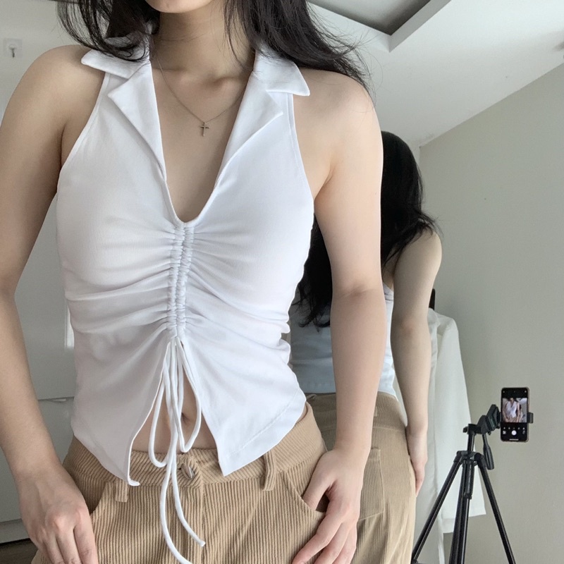 Áo Croptop Cổ Đức Polo Màu Trắng, Áo Crt Cổ Bẻ Dây Rút Chất Borip Thun Ôm Body Cá Tính Freesize IRISVIEL