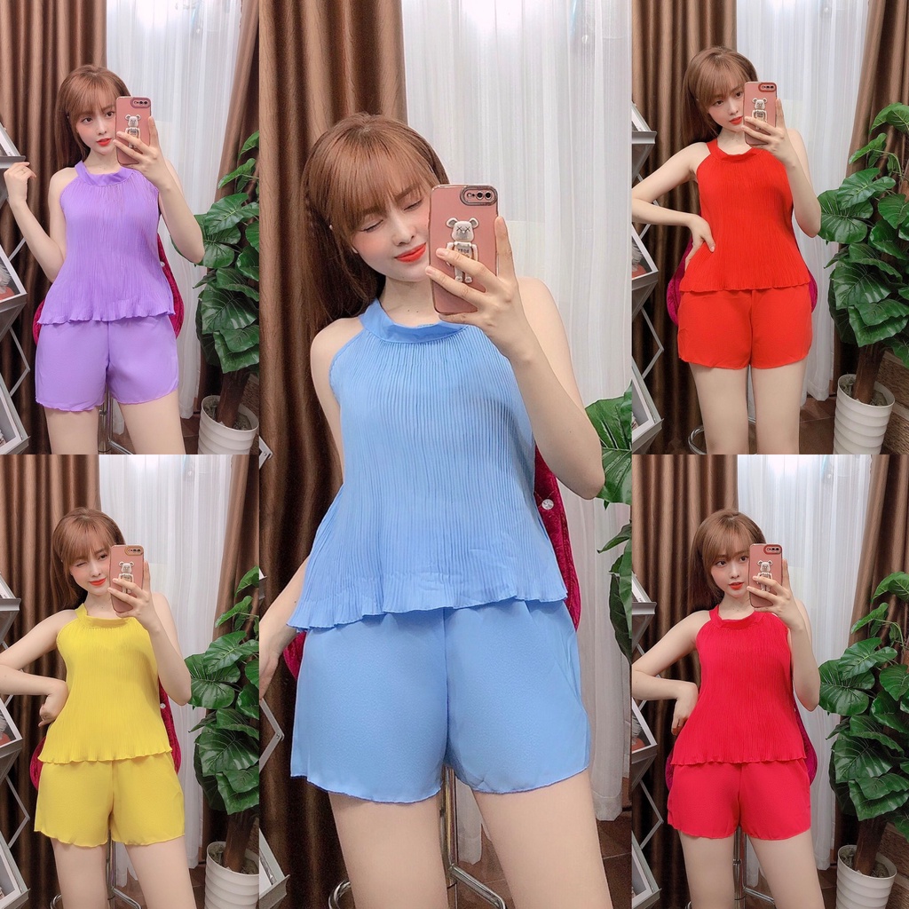 Đồ ngủ nữ cổ tròn dập li nhiều màu siêu xinh chất liệu mềm mát freesize dưới 57kg
