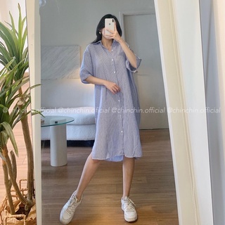 Đầm sơ mi sọc xanh dương tay ngắn