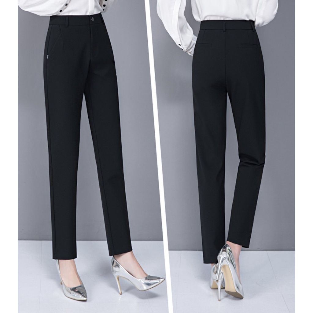 Quần tây đen công sở nữ dài MunMunStore mặc đi làm học cạp lưng cao - Dáng quần baggy vải công sở dày mềm phối áo sơ mi
