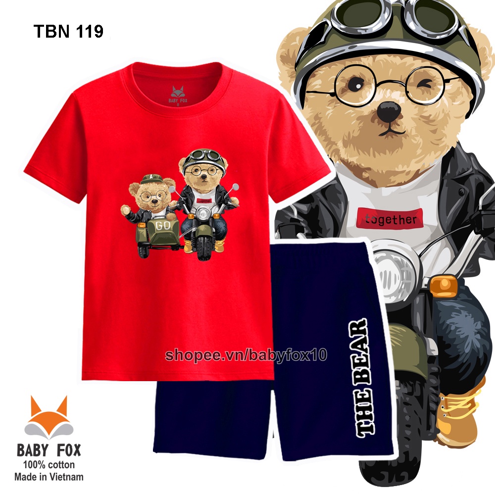 Bộ thun bé trai 100% cotton loại tốt, thương hiệu BABY FOX, in hình gấu, size nhỏ, trung, đại a
