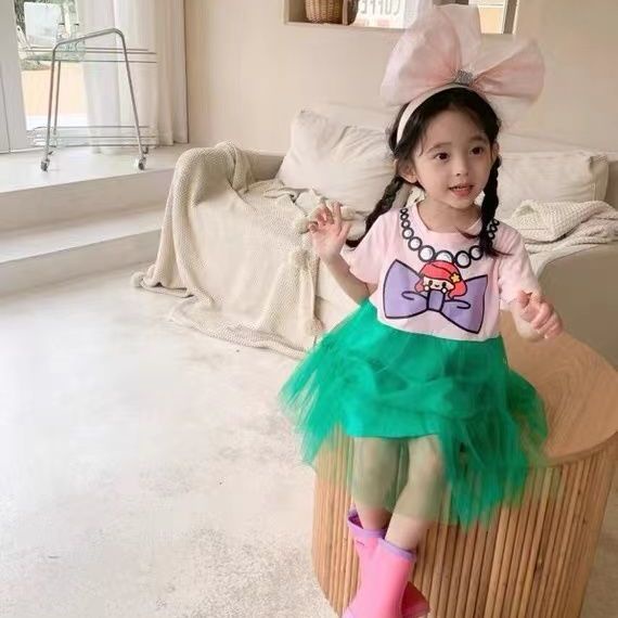 Đầm Công Chúa Phối Lưới Họa Tiết Hoạt Hình Phong Cách Hàn Quốc Xinh Xắn