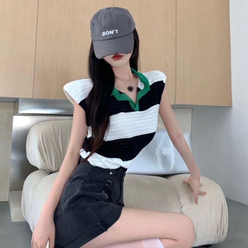 Áo Thun Dệt Kim Sát Nách Dáng Rộng Kẻ Sọc Thời Trang Mùa Hè Hàn Quốc Cho Nữ