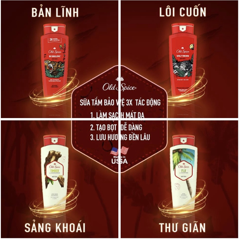 Sữa tắm nam Gel Old Spice 473ml Timber | Bearglove | Fiji | Wolfthorn | Pure Sport Fresh Tắm gội 2in1 532ml - Mỹ