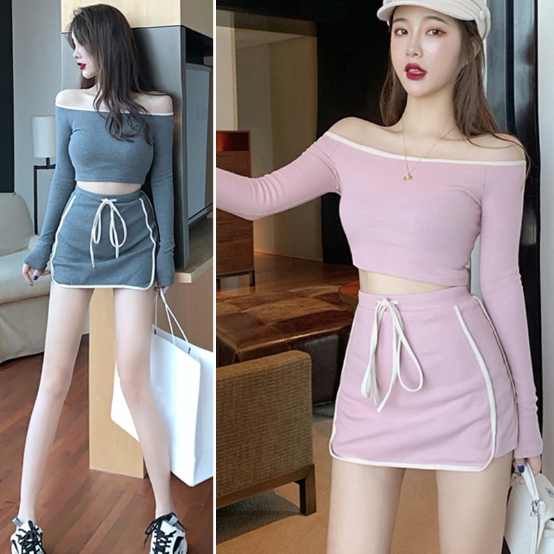 Set áo trễ vai tay dài + chân váy lưng cao thời trang nữ