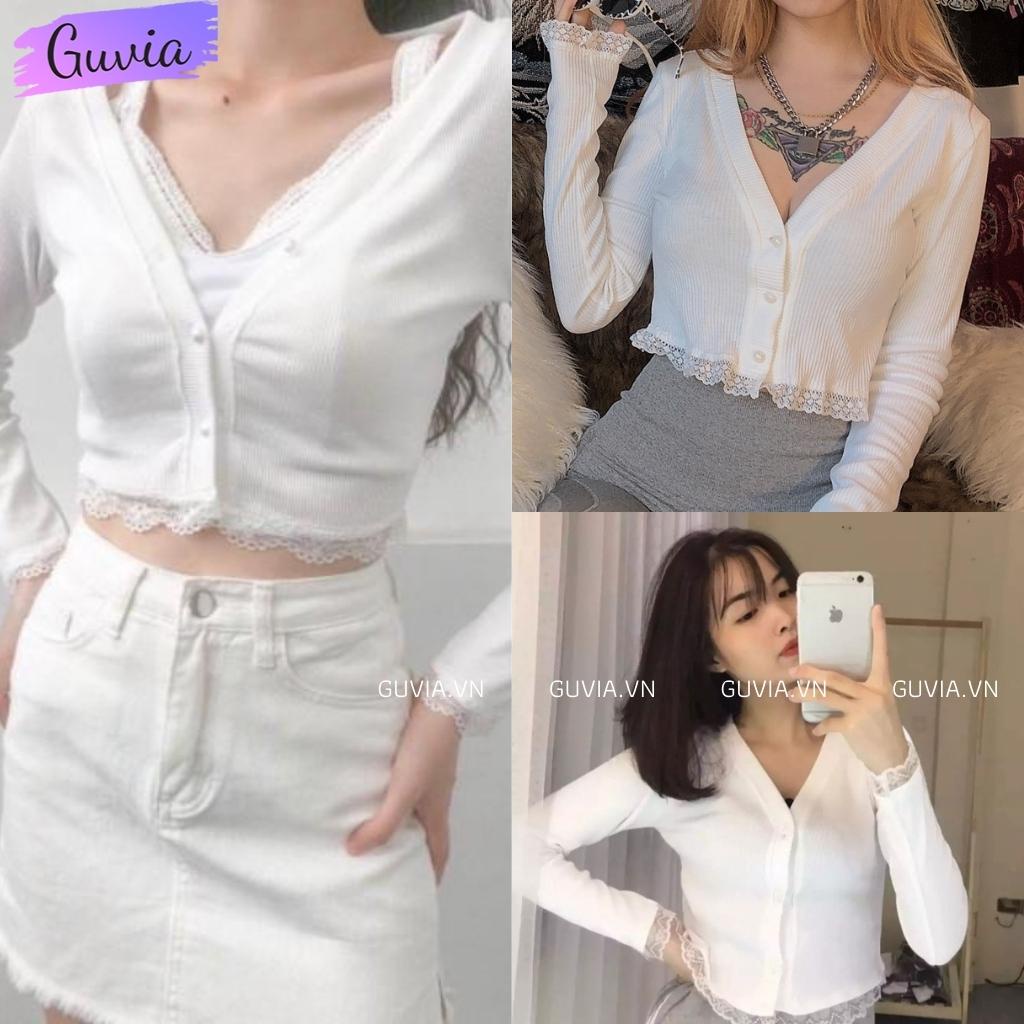 Áo Croptop Tay Dài Cổ Tim phối ren Kiểu Nữ Ôm Body Sexy Ulzzang GUVIA