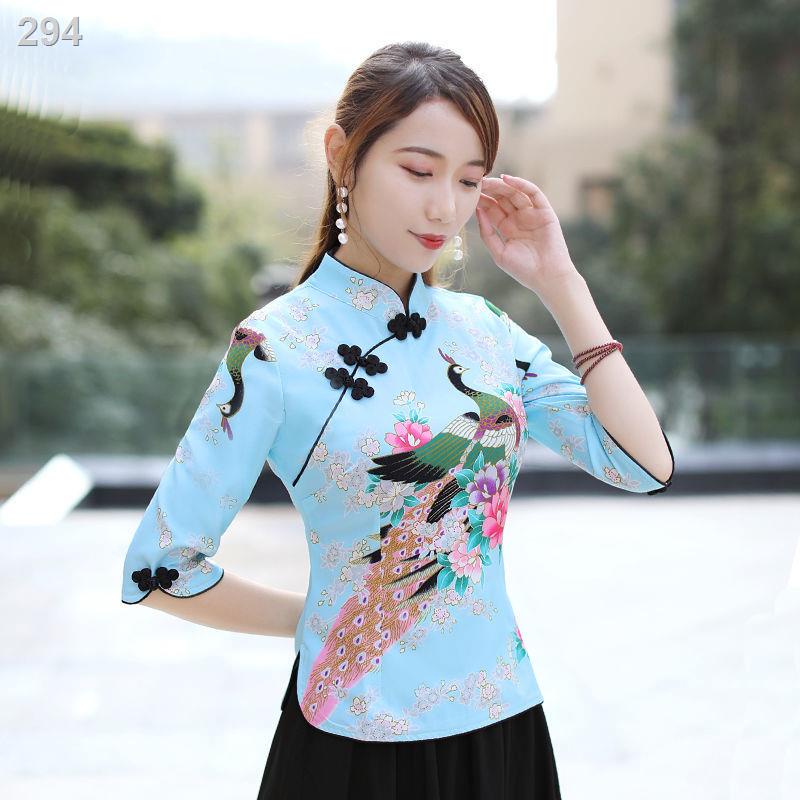 Mùa xuân hè Áo sườn xám cải tiến mới Trung Quốc Hanfu Retro Ba phần tư Tay kiểu dân tộc Tang Suit khoác nữ