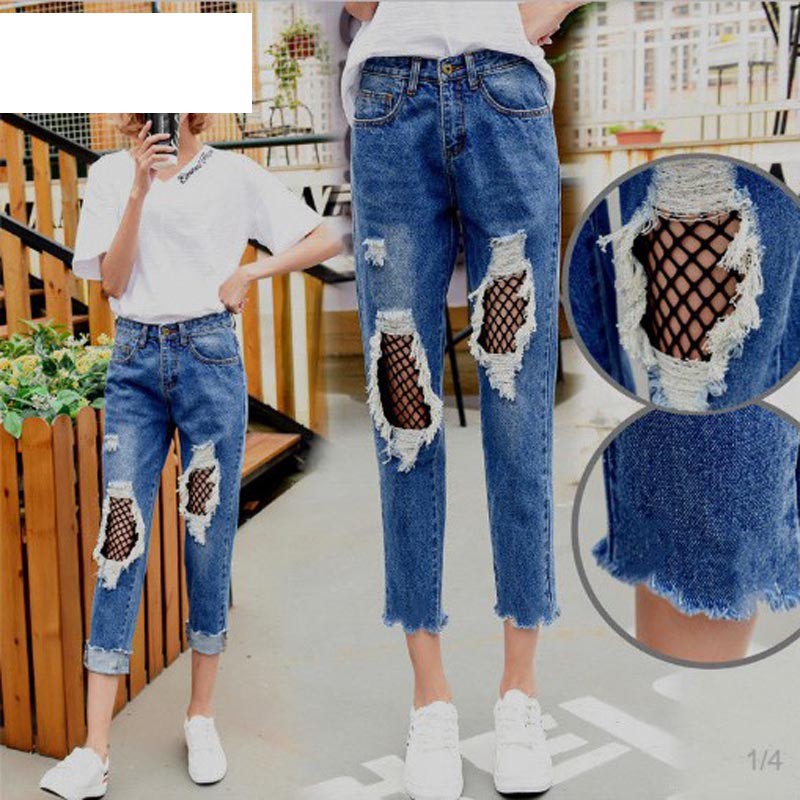 Quần Nữ, quần jeans phối lưới rách toạc gối, MY2027