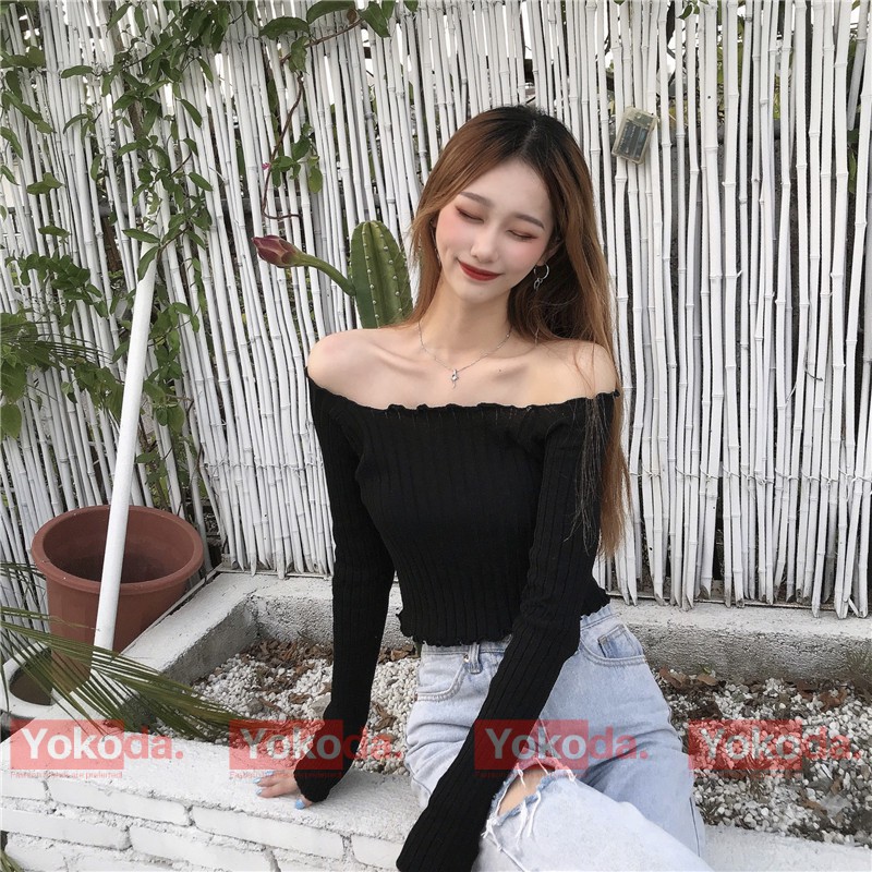 [XẢ] Áo Croptop Tay Dài Cổ Vuông Hot Thu Đông Năm✅Áo Croptop Len Trễ Vai Dài Tay Sexy - QA36