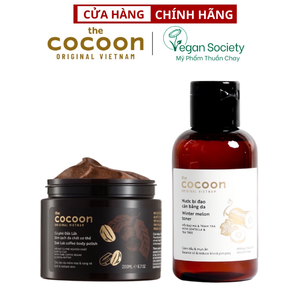 Combo Toner bí đao cân bằng da cocoon 140ml + Cà phê đắc lắc sạch da chết cocoon 200ml - Vegan Society