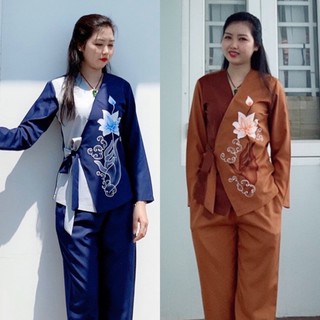 Đồ Lam Đi Chùa # Xéo Nơ Phối Hoa Sen In # Đồ Bộ Nữ # Quần Áo Nữ