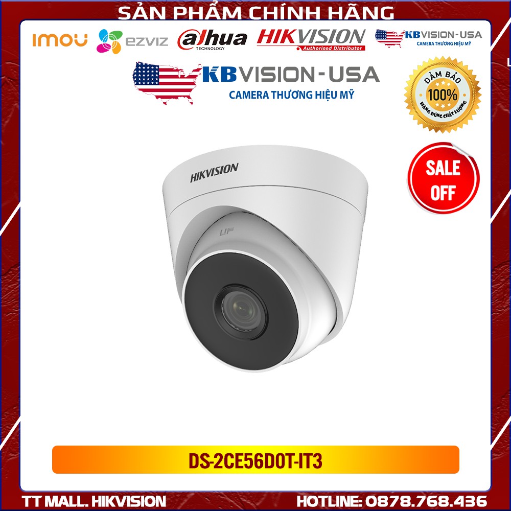 Camera HD-TVI dome HikVision DS-2CE56D0T-IT3 - 2MP Full HD; hồng ngoại 40m; vỏ nhựa, bảo hành 2 năm