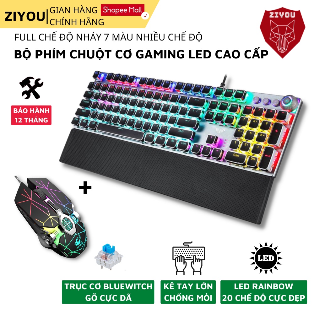 Combo Bộ Phím Và Chuột ZIYOU Bàn Phím Cơ Trục Blueswitch, Có 20 Chế Độ Led RGB Cực Đẹp, FZ508+V8
