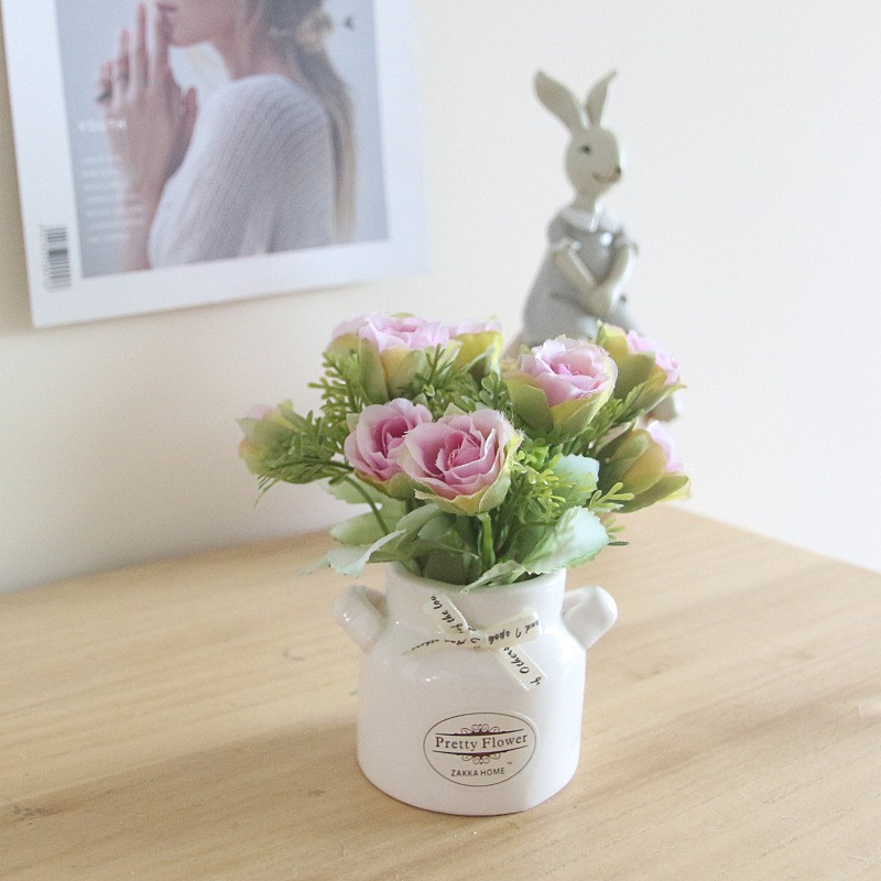 Hoa giả trang trí để bàn đẹp, chậu hoa hồng lựu cao cấp bình sứ hình chai sữa KHALIK - HF010