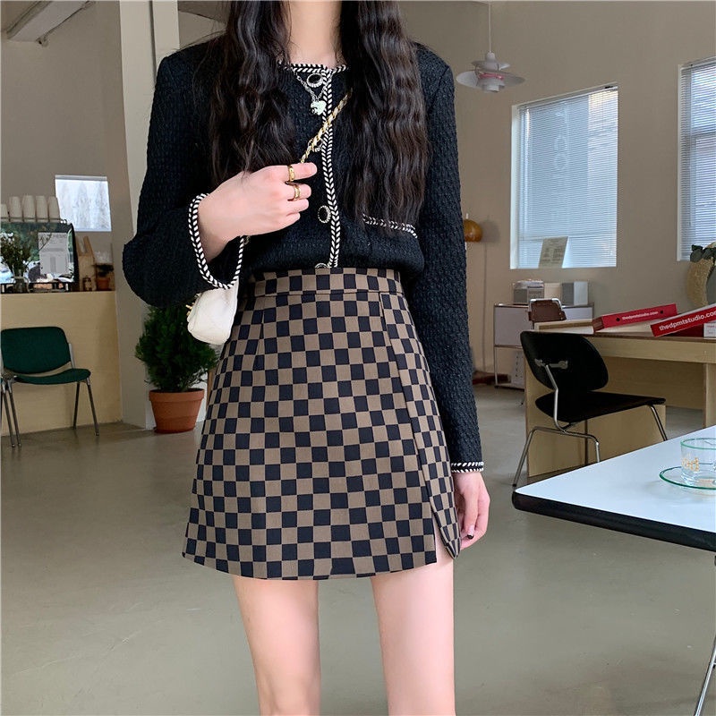 Chân váy chữ A IELGY lưng cao họa tiết sọc caro thời trang cho nữ