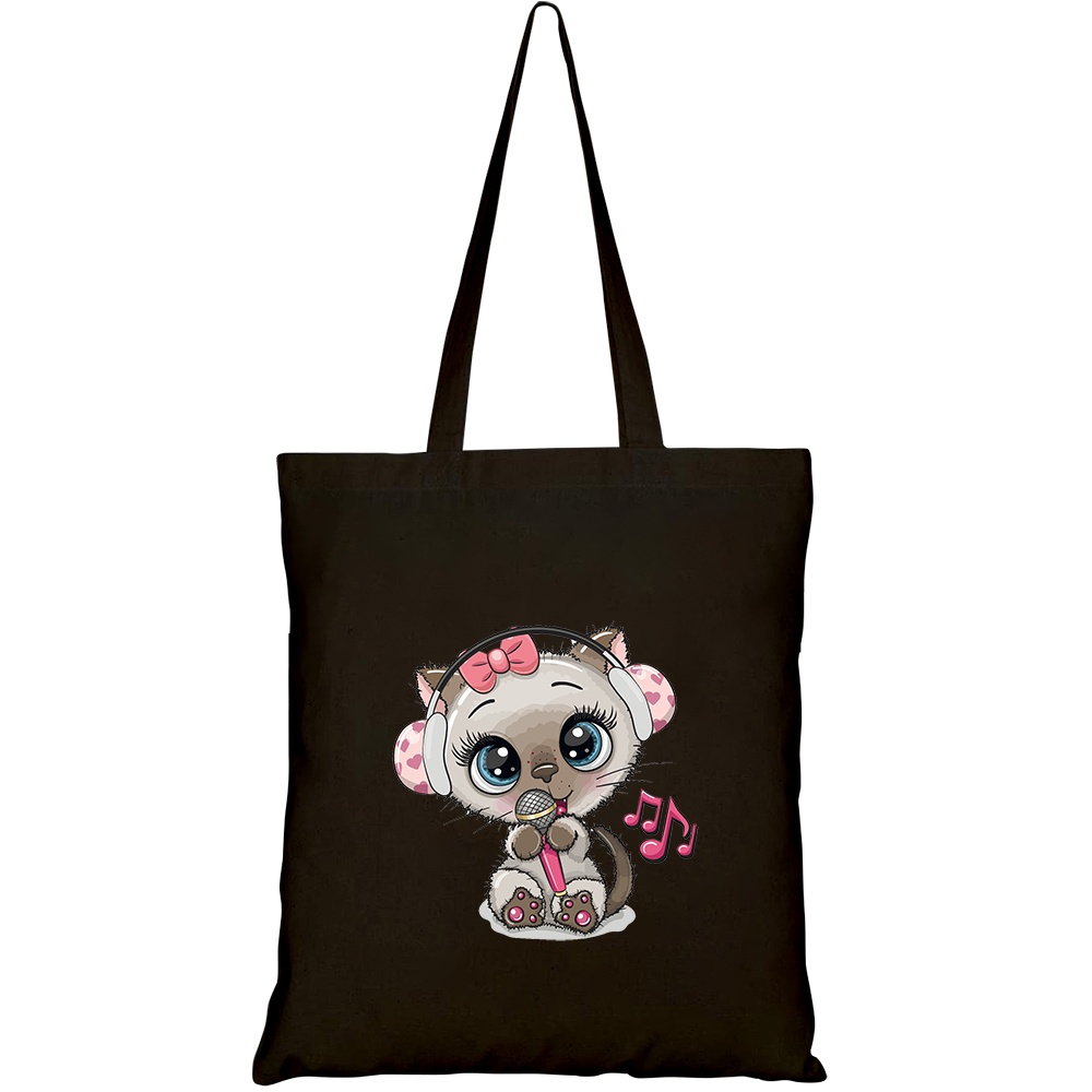 Túi vải tote canvas HTFashion in hình cartoon cat headphones microphone HT397