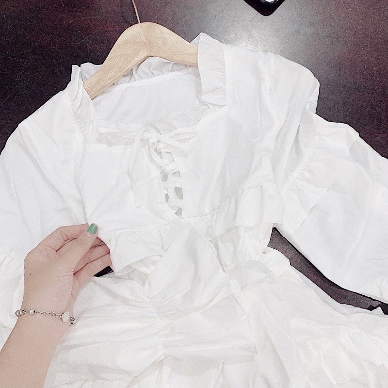 Đầm babydoll tay dài phối bèo trắng tiểu thư công chúa nhẹ nhàng