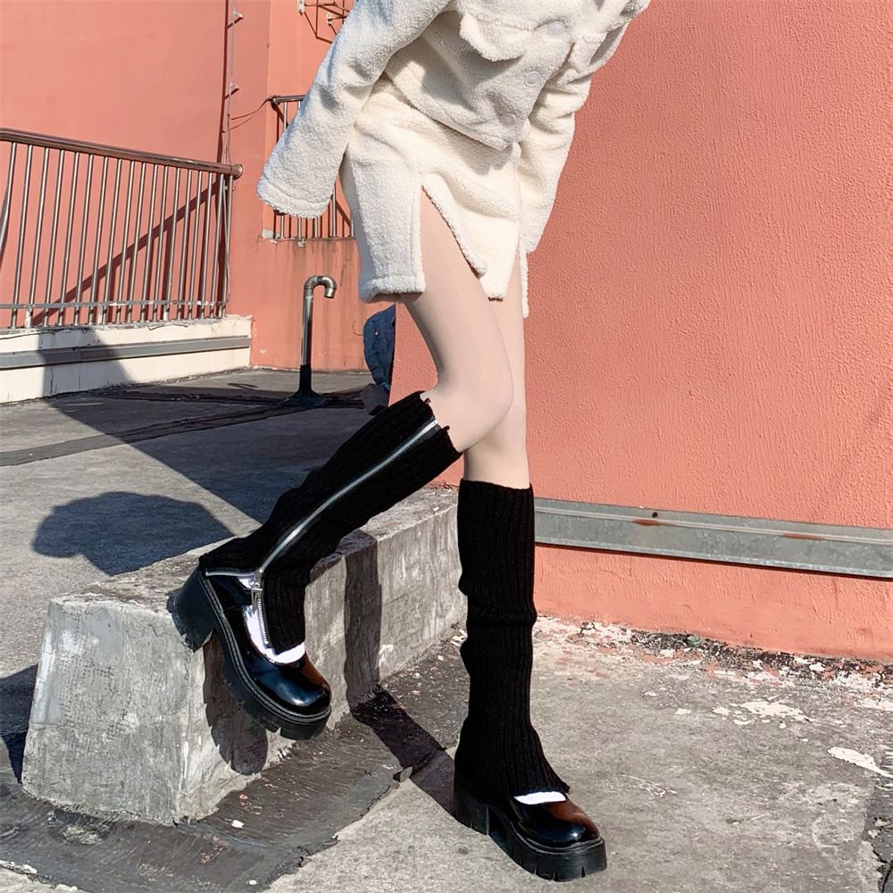 Ống vớ giữ ấm bắp chân màu trơn phối khóa kéo phong cách harajuku hàn quốc thời trang vintage cho nữ Y2K