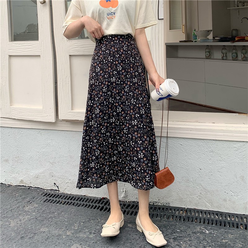 Chân váy Midi dài Voan hoa Thiết kế Lưng cao Dáng chữ A Ulzzang Hàn Quốc Chân váy Voan hoa Midi dài Cạp cao Thời trang | BigBuy360 - bigbuy360.vn