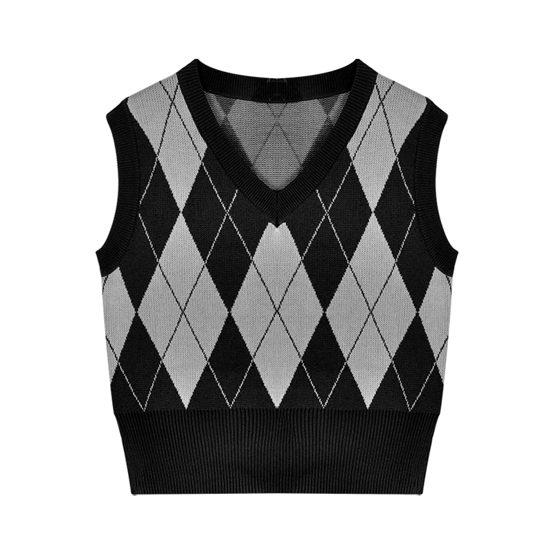 Sweater knitted diamond vest women's V-neck short college style