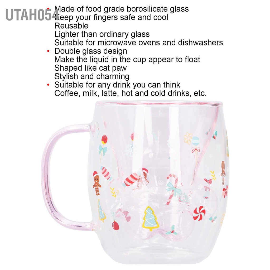 Utah054 Double Wall Cat Coffee Mugs Borosilicate Glass Dễ thương Paw Cup Cốc sữa Giáng sinh 250ml