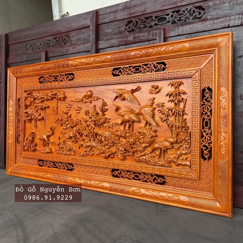 Tranh gỗ cửu hạc du xuân kt 79 x 155cm