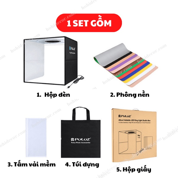 Hộp Chụp Sản Phẩm 40x40 CM, Box Chụp Ảnh Puluz Có Đèn Led, Xếp Gọn, Phụ Kiện Ánh Sáng - HoHi Decor