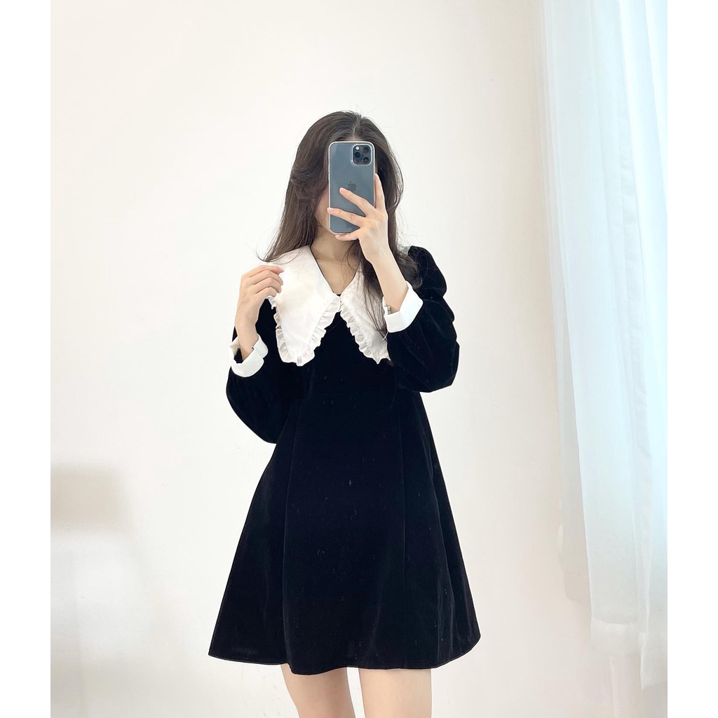 Đầm nhung cổ bèo ống tay trắng Miho house
