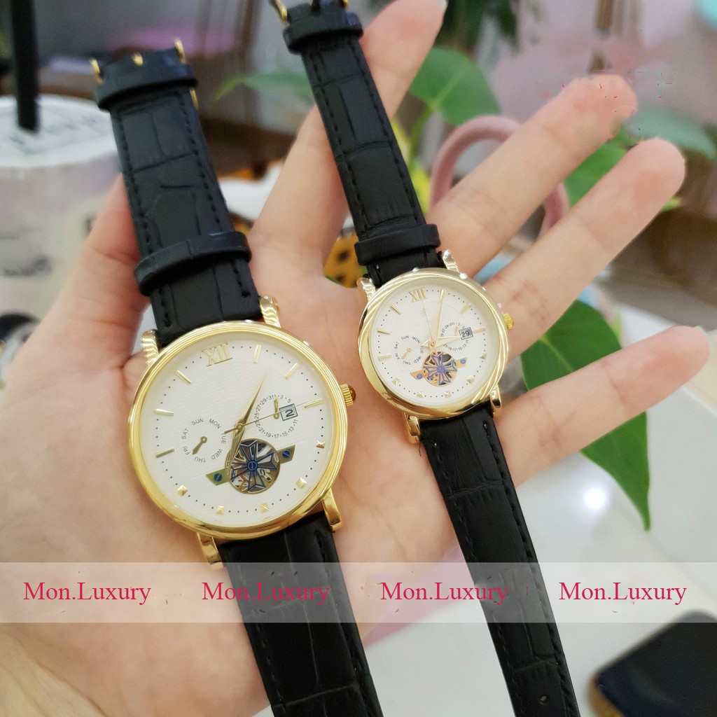 Đồng hồ cặp đôi nam nữ SL dây da viền vàng lộ máy chống nước chính hãng giá rẻ