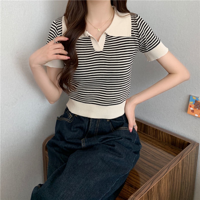 Áo Len Dệt Kim Ngắn Co Giãn Họa Tiết Kẻ Sọc Nhiều Màu Sắc Phong Cách Hàn Quốc Thời Trang Mùa Hè Cho Nữ