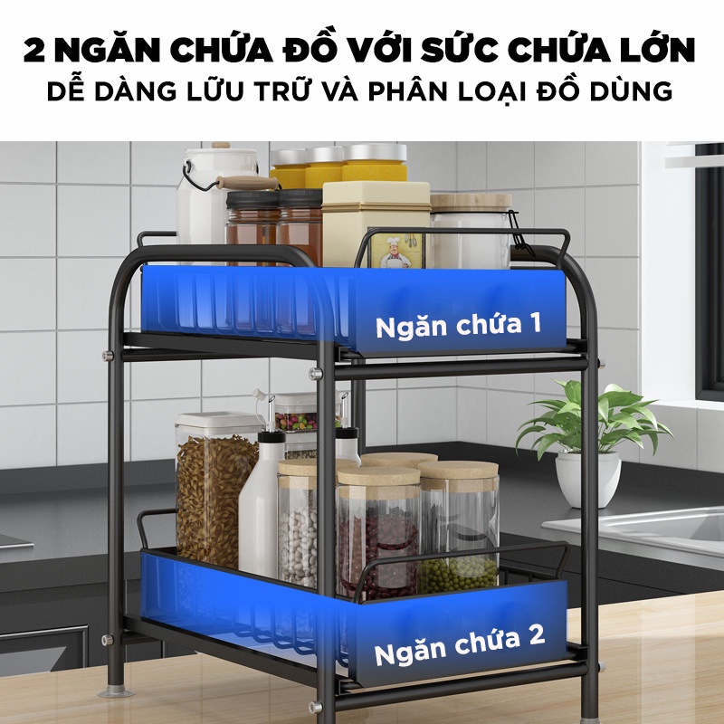 Kệ gia vị trượt đa năng VIFIBA Dạng ngăn kéo 42x36x28,5cm Thép carbon chống gỉ Sơn tĩnh điện Màu đen trắng