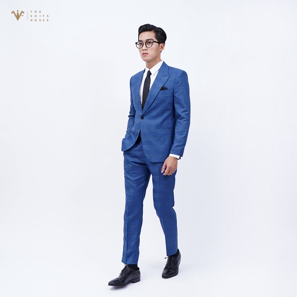 Bộ vest nam xanh kẻ ô, suits sartorial, 1 khuy 2 túi, form ôm The Suits House