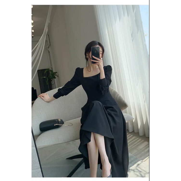 Váy Cổ Vuông Tay Dài Trơn ⚡️ẢNH THẬT⚡️ Đầm Cotton Chất Đẹp Dáng Xòe Cực Chảnh