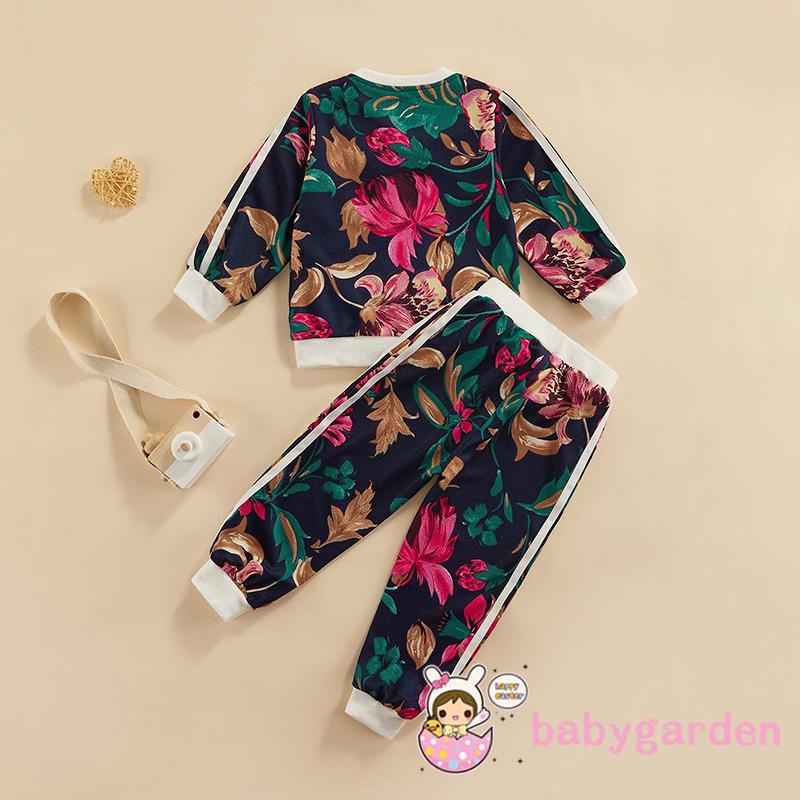 Set áo khoác tay dài cổ tròn in họa tiết hoa + quần dài thời trang mùa thu cho bé gái