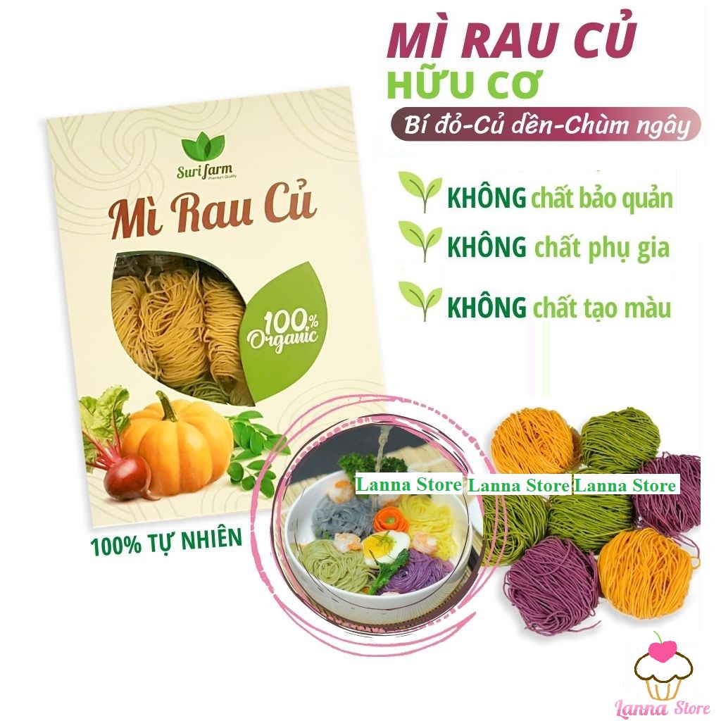 Mì rau củ hữu cơ SuriFarm Ăn Kiêng.Giảm Cân. Bé Ăn Dặm.Giàu Chất Xơ (mỳ bí đó, rau chùm ngây, củ dền) - Hộp 400gr