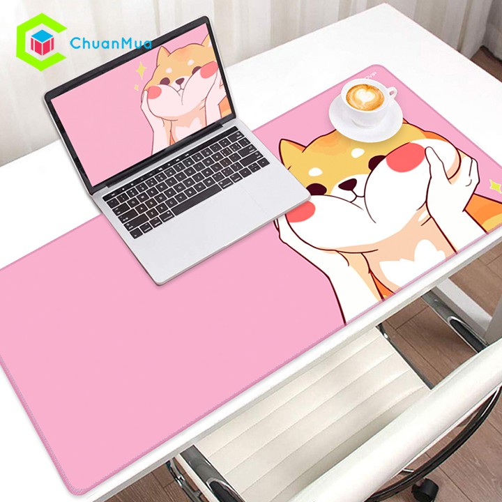 Tấm Lót Chuột Bàn Phím Cỡ Lớn Hình Chó Shiba Cute (Loại Dày, May Viền,...), Bàn Di Chuột 90x40cm