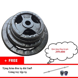 Bộ 2 tạ miếng gang tạ bánh gang 3 lỗ 2kg, 3kg, 5kg,10kg + tặng đòn tạ 1m5 và găng tập tạ có cuốn