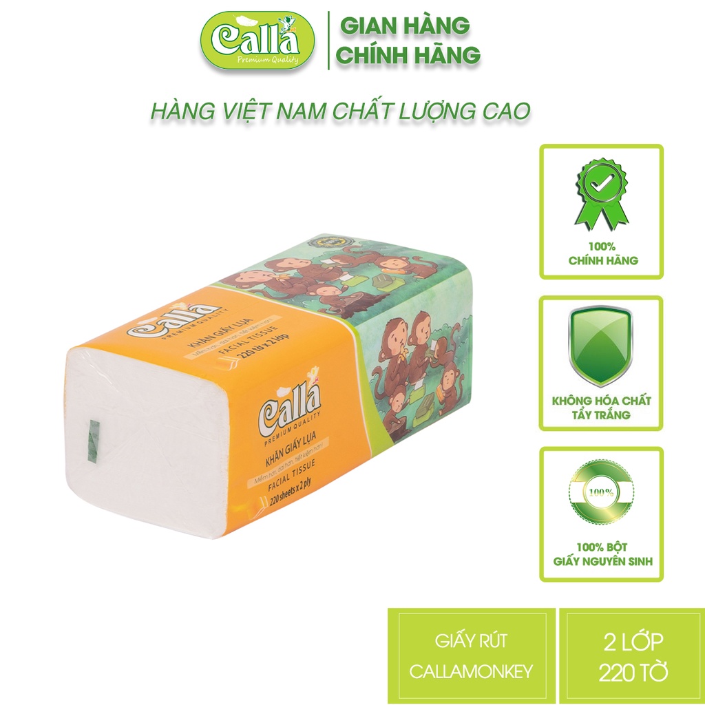 Giấy rút Calla Monkey Family 2 lớp x 220 tờ khổ 20cm, mềm mịn, không tẩy trắng, nguyên liệu Indonesia