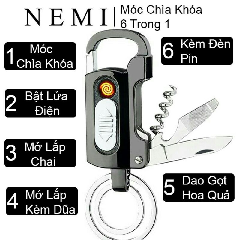 Quẹt điện móc khóa inox oto xe máy đa năng cao cấp có đèn pin
