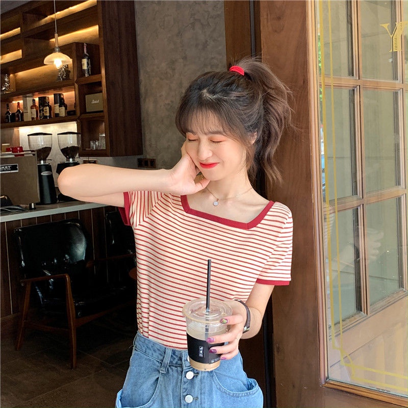 Áo Thun Nữ Ngắn Tay Cổ Vuông Họa Tiết Sọc Ngang Thời Trang