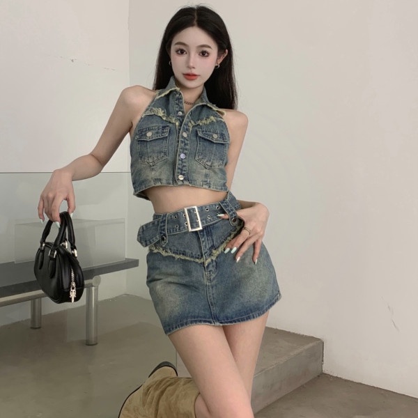 Bộ Áo Denim Không Tay Phối Chân Váy Denim Lưng Cao Thời Trang Mùa Hè Quyến Rũ Cho Nữ