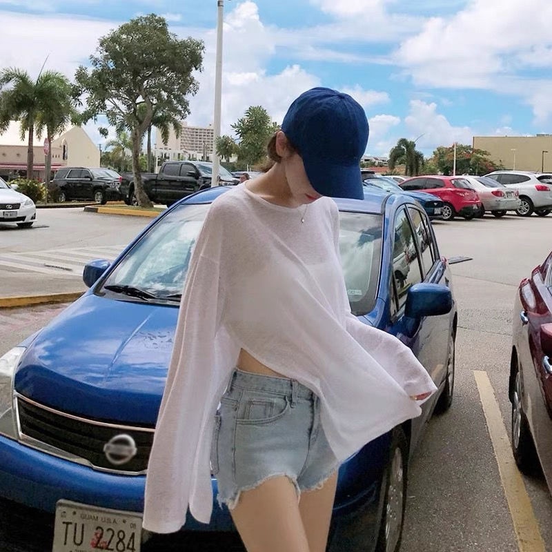 Áo Thun Tay Dài Màu Trắng Dáng Rộng Thiết Kế Xẻ Tà Thời Trang Mùa Hè Cho Nữ