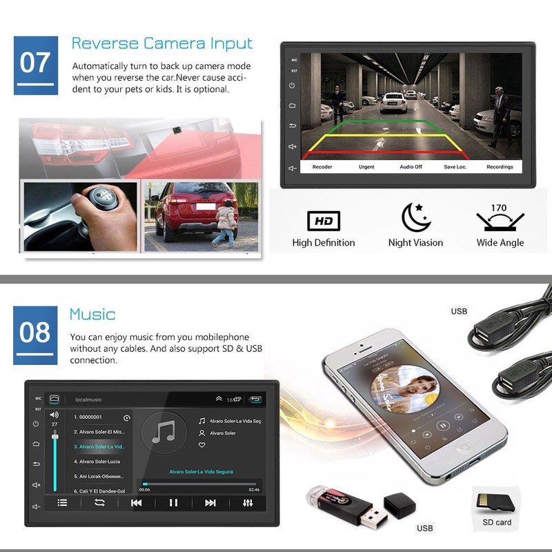 Đầu DVD Android RAM 2G Cho Ô Tô Tích Hợp GPS Chỉ Đường, Xem Camera Lùi - Màn Hình 7 inch Full HD Kính Cường Lực IPS 2.5D