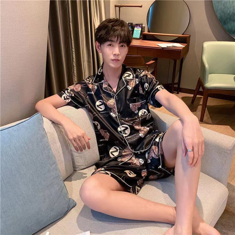 Men's Summer Pajamas Silk Short Sleeve Slim Shorts Fertilizer Large Size Men's Cartoon Youth Student Home Service Suit | BigBuy360 - bigbuy360.vn