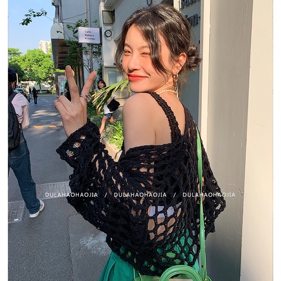 Áo croptop QKOOLE dệt kim tay dài dáng rộng chống nắng phong cách Hàn Quốc dành cho nữ