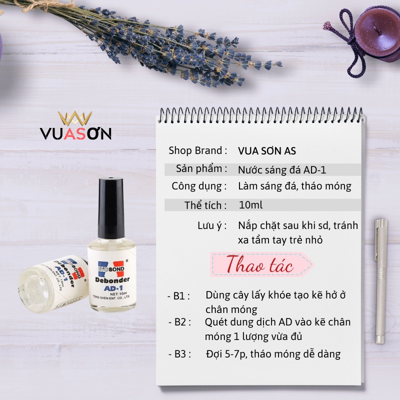 Phụ kiện nail giá rẻ giá tốt uy tín  nước sáng đá AD-1 tháo móng úp móng giả VUA SƠN AS 10ml