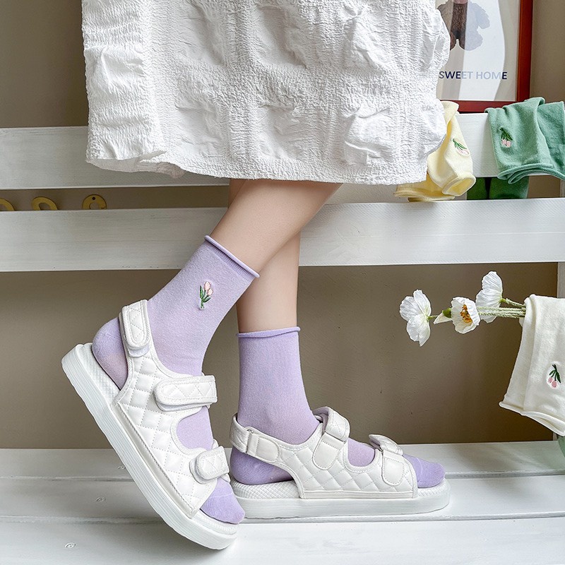 TL95 Tất vớ nữ cổ cao thêu hoa bèo nhún Lolita